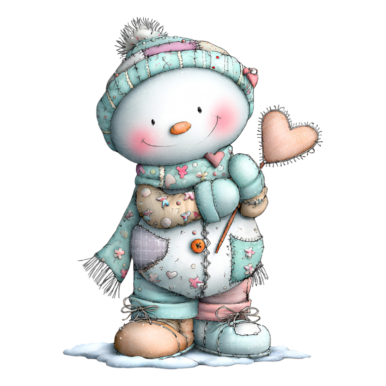 Patchwork snowman in pastel quilted coat holding a heart wand, standing in snow, Grey Barn Handwerk, Saskatchewan.